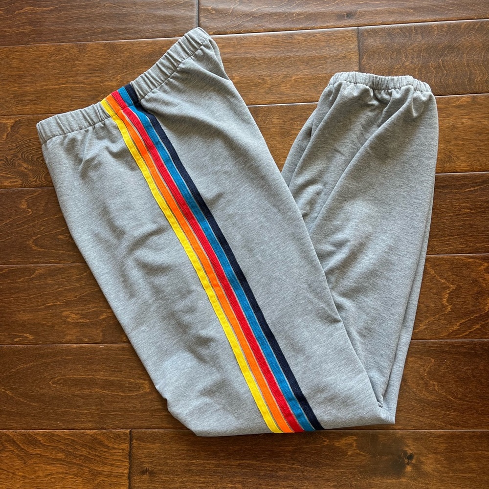 Trendy Boutique Gray Joggers with Vibrant Side Rainbow Stripe Size Medium